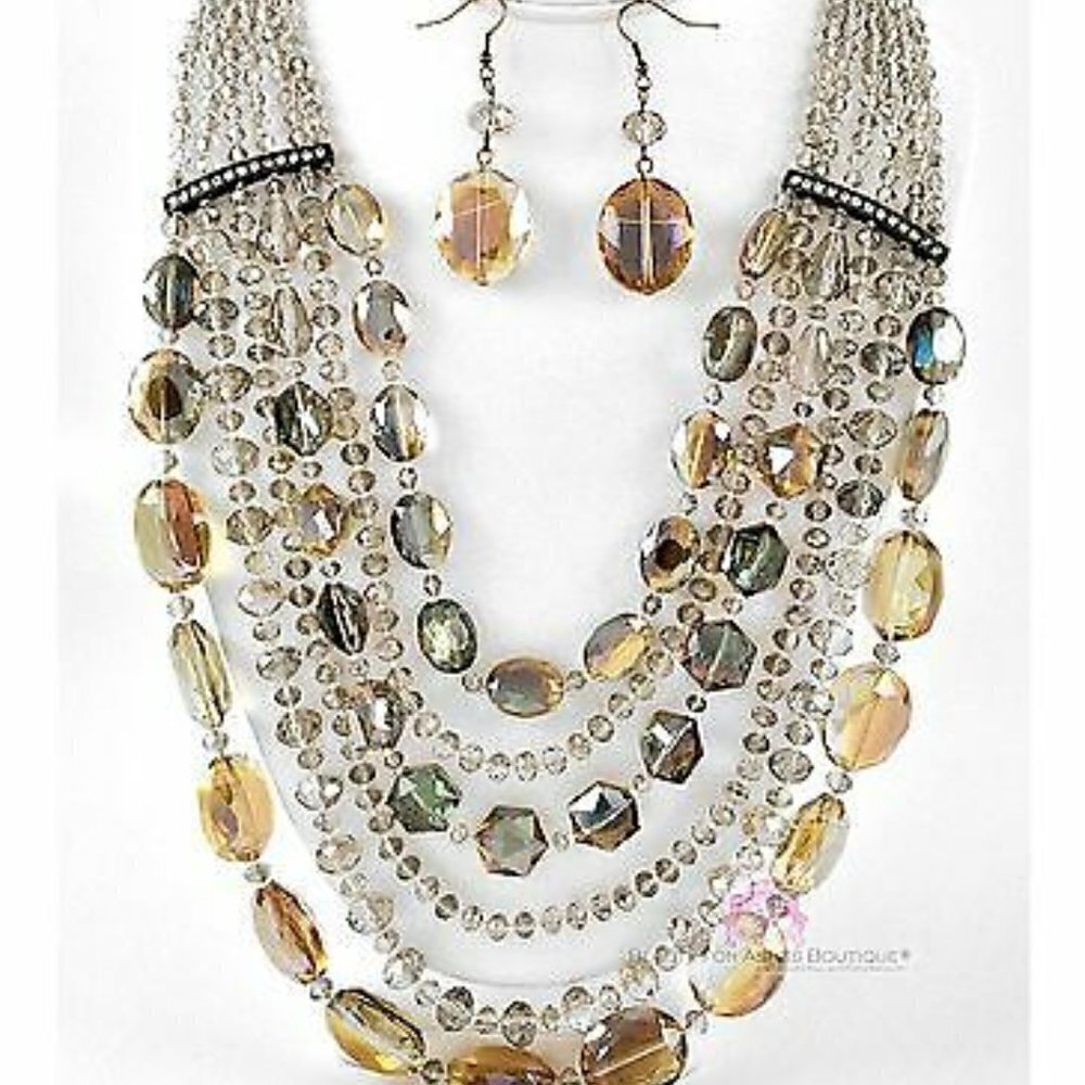 Glamorous Heavy Taupe Long Glass Bib Radiant Crystal Multi Strands Necklace Set